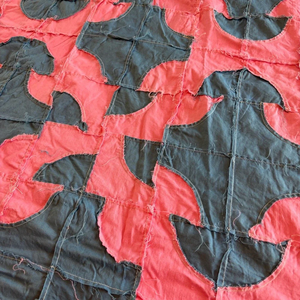 Vintage 1941 Dunkard's Path Pink Blue Handmade Quilt Top 72x80 farmhouse cottage